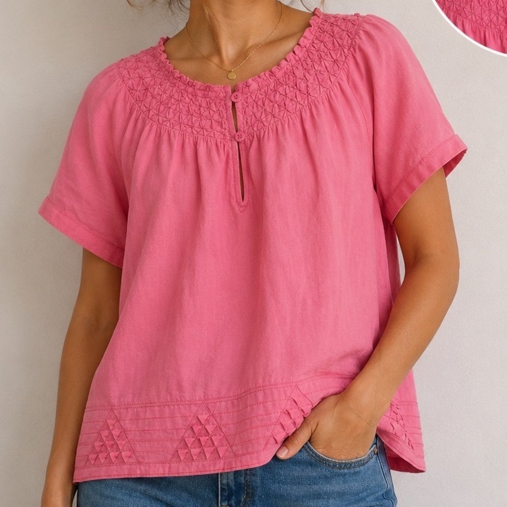 Chico's Women's Medium Pink Boho Blouse Smocked Pintuck Top Cottagecore‎ Peasant